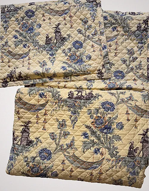 Cuddledown Blue & Yellow Asian Chinoiserie Quilted Cotton King Sz Coverlet Shams