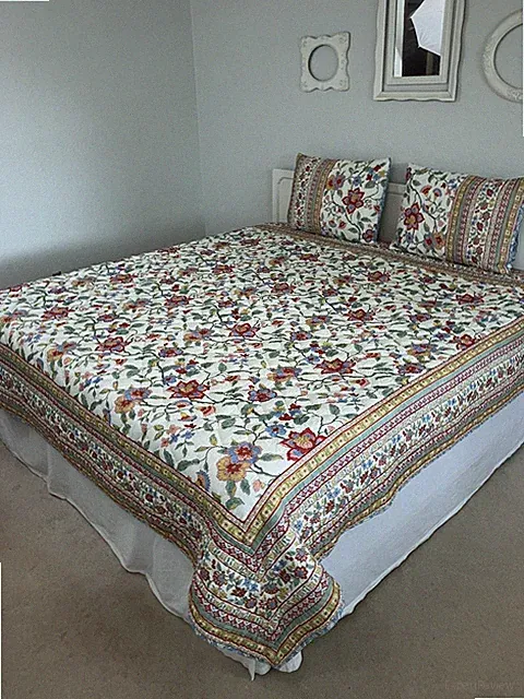 Cuddledown Full Queen Size Cotton Coverlet Quilt & 2 Shams Floral India NWOP