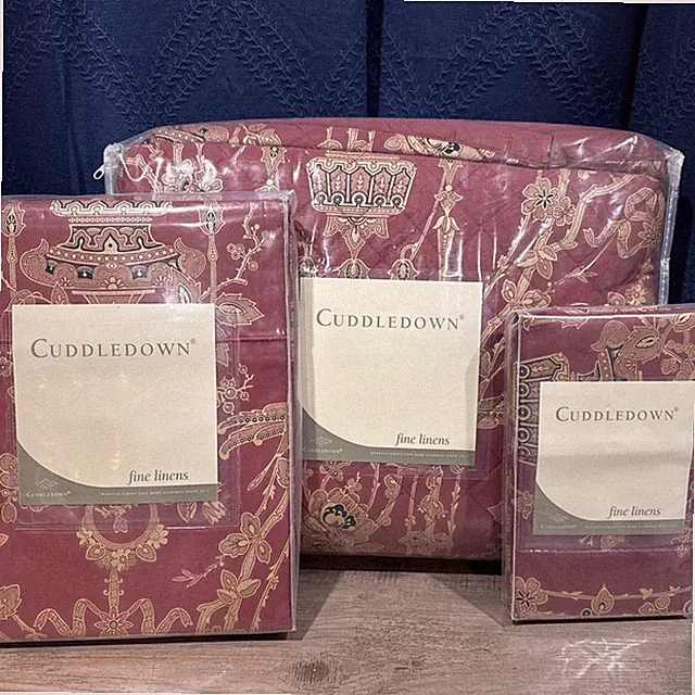Cuddledown Quilted Blanket & Flat Sheet & Case Red Jacobean Chinoiserie Queen/F